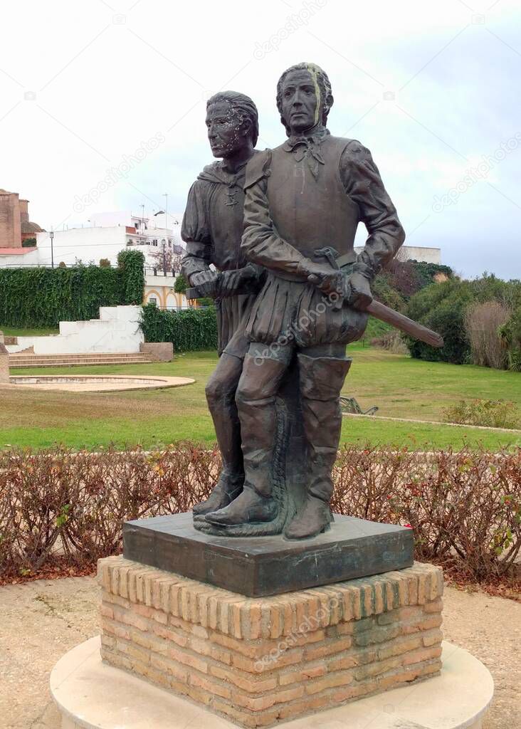 Monument to Pinzon Brothers, natives of the town, captains of the caravels La Pinta and La Nia in the first transatlantic voyage of Columbus, Palos de la Frontera, Huelva, Spain - January 5, 2018