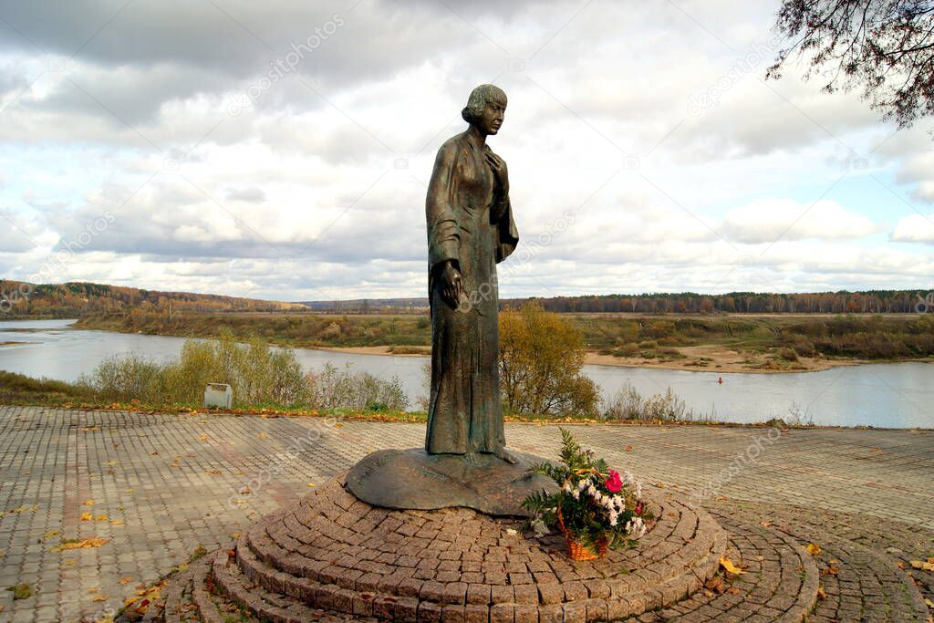Monument to Marina Tsvetaeva, early 20th-century Russian poet and writer, on the hill overlooking Oka River, Tarusa, Kaluga Oblast, Russia - October 16, 2011