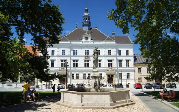Brunnen Auf Dem Freiheitsplatz Klassisches Rathaus Hintergrund Valtice Südmähren Tschechien — Stockfoto