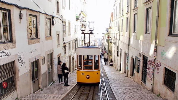 Samochód Tramwajowy Bica Funicular Ascensor Bica Górnej Stacji Lizbona Portugalia — Zdjęcie stockowe