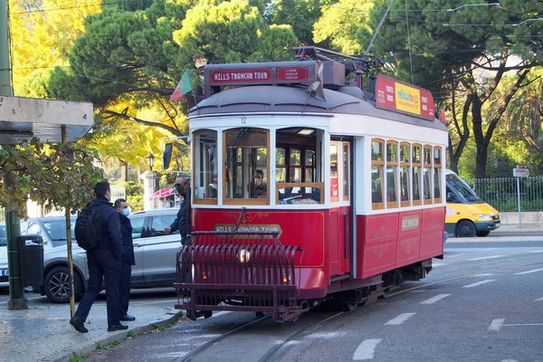 Iconic Red Tram Car Estrela Stop Lisbon Portugal December 2021 — Stock Photo, Image