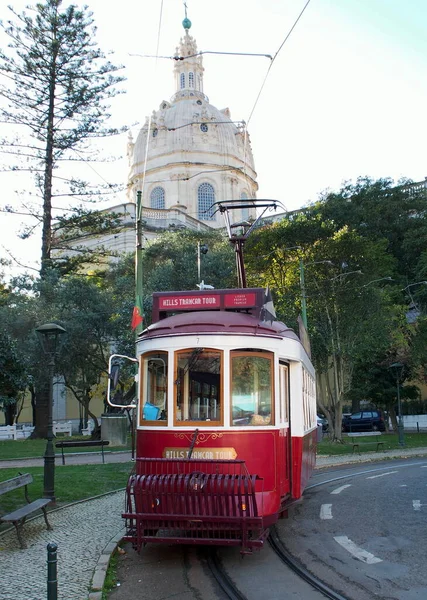 Iconic Red Tram Car Estrela Stop Lisbon Portugal December 2021 — Stockfoto