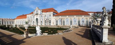 Hanging Gardens of the Palace of Queluz, Ballroom wing in the background, panoramic shot, near Lisbon, Portugal - December 23, 2021