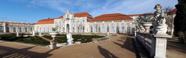 Hanging Gardens of the Palace of Queluz, Ballroom wing in the background, panoramic shot, near Lisbon, Portugal - December 23, 2021