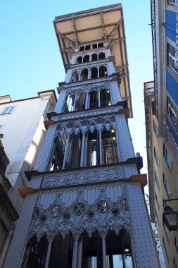 Elevador de Santa Justa, details, neo-gothic wrought iron transport vertical lift, built in 1901, Lisbon, Portugal - July 8, 2021