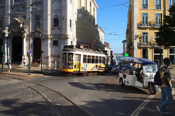 Street Scene Largo Chiado Iconic Tram Car Passing Front Church — Stock Photo, Image