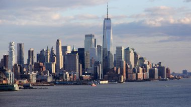 Waterfront of Lower Manhattan, One World Trade Center in the middle, New York, NY, view across Hudson River from Weehawken, NJ, USA - April 1, 2020