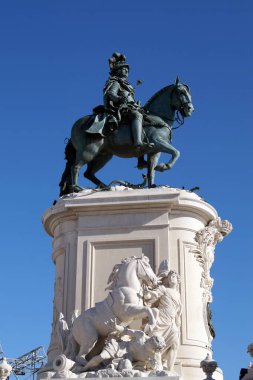 Equestrian statue of King Jose I, by design of Eugenio dos Santos, unveiled in 1775, in the center in the Praca do Comercio, Commerce Square, Lisbon, Portugal - December 31, 2018