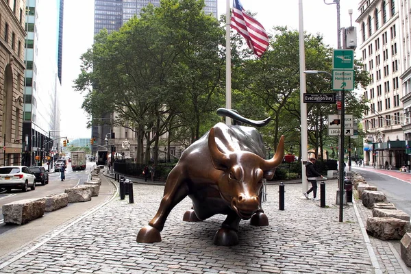 Suçlayan Boğa, nam-ı diğer Wall Street Bull, Arturo Di Modica 'nın bronz heykeli, Broadway' de Bowling Green, New York, ABD