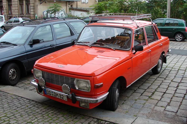 East German Manufactured Automobile Wartburg Production 1980 Parked Stoneblock Pavement — стоковое фото