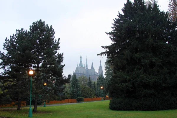 Vitus Katedrali Nin Silueti Kasvetli Yağmurlu Bir Günde Prag Çek — Stok fotoğraf