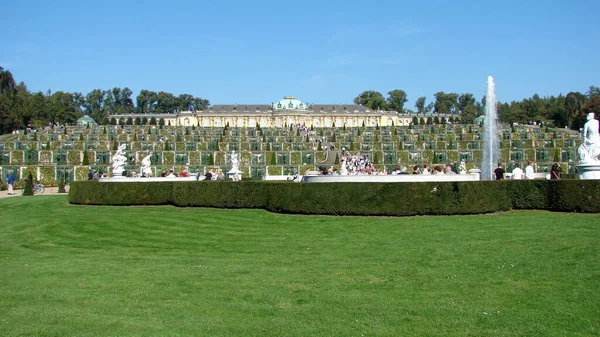 Palais Sanssouci Terrasses Soignées Pelouse Fontaine Eau Premier Plan Potsdam — Photo