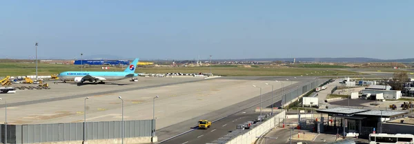 Vienna International Airport, Korean Air Cargo Boeing 777 on a tarmac in the cargo area of the airport, panoramic shot, Schwehat, Austria - March 31, 2019