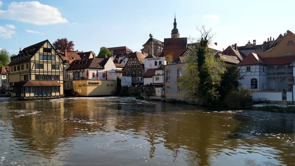 Old town on the banks of Left arm of Regnitz River, Bamberg, Germany - April 28, 2022