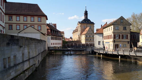 Old town on the banks of Left arm of Regnitz River, Bamberg, Germany - April 28, 2022
