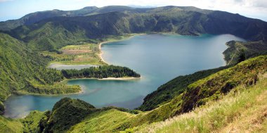 Lagoa do Fogo, crater lake within the Agua de Pau Massif stratovolcano, panoramic shot, Sao Miguel Island, Azores, Portugal - August 2, 2022