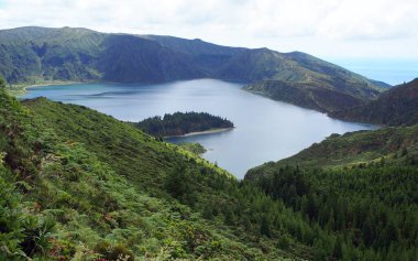 Lagoa do Fogo, crater lake within the Agua de Pau Massif stratovolcano, Sao Miguel Island, Azores, Portugal - August 2, 2022
