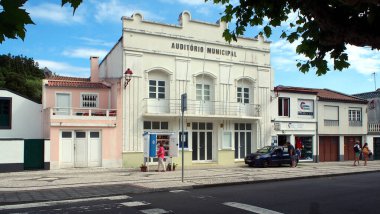 Municipal Auditorium building, at square facing Municipal Garden, Povoacao, Sao Miguel, Azores, Portugal - August 2, 2022