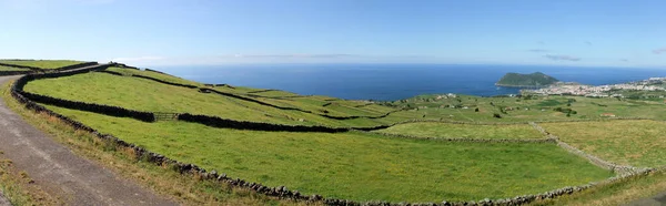 Rural Landscape Green Pastures Stone Fences Sloping Ocean Coast Panoramic — Fotografia de Stock