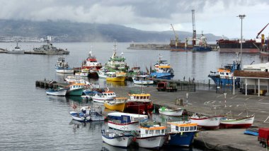 Small colorful fishing boats moored at the pier of the fishing port in the harbor, sunset golden hour view, Ponta Delgada, Sao Miguel, Azores, Portugal - July 30, 2022