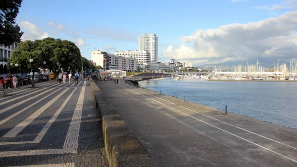 Costal Promenade Facing Harbor View Sunset Hour Ponta Delgada Sao — Fotografia de Stock