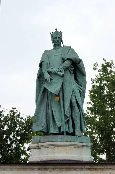 Bronze statue of Andrew II of Hungary, King of Hungary and Croatia, one of the statues of historical personalities at the Millennium Monument, in Heroes\' Square, Budapest, Hungary - June 30, 2011