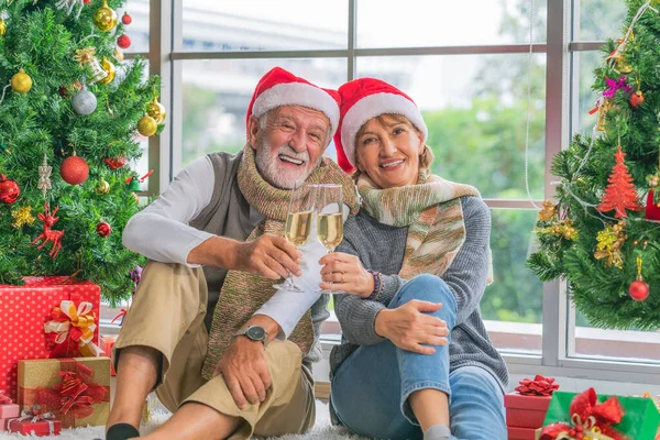 부부는 집에서 크리스마스 트리와 크리스마스를 기념하기 와인을 행복해 크리스마스와 — 스톡 사진