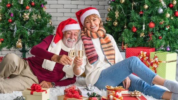 부부는 집에서 크리스마스 트리와 크리스마스를 기념하기 와인을 행복해 크리스마스와 — 스톡 사진