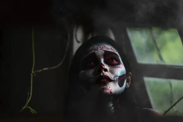 Halloween Kostüm Und Make Porträt Des Bösen Geisterfrau Gespenst Dunkler — Stockfoto