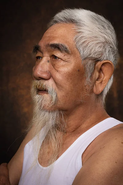 Portrait Tête Studio Vieil Homme Chinois Aux Cheveux Blancs Barbe — Photo
