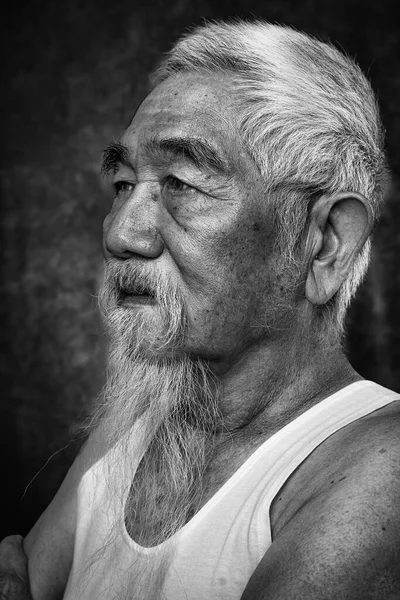 Beyaz Saçlı Sakallı Siyah Beyaz Çinli Bir Adamın Portresi — Stok fotoğraf