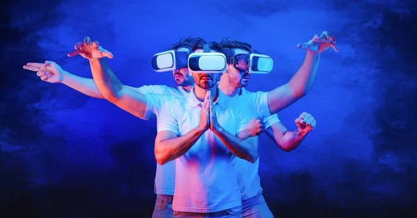 multiexposure portrait of caucasian game man with vr glasses in multi action poses of mortal art in concept of gamer in action in game fighting game platform in meteverse