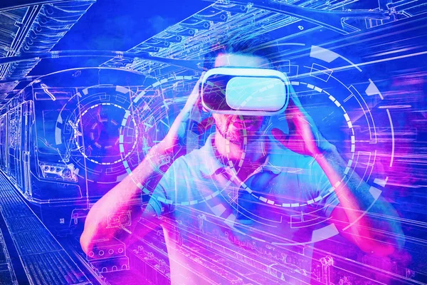 Man Virtual Reality Bril Bril Headset Overlay Met Neon Gloed — Stockfoto