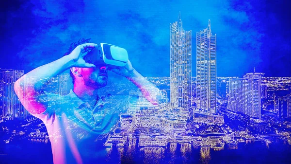 Metavers Concept Van Mens Met Virtual Reality Headset Virtual City — Stockfoto