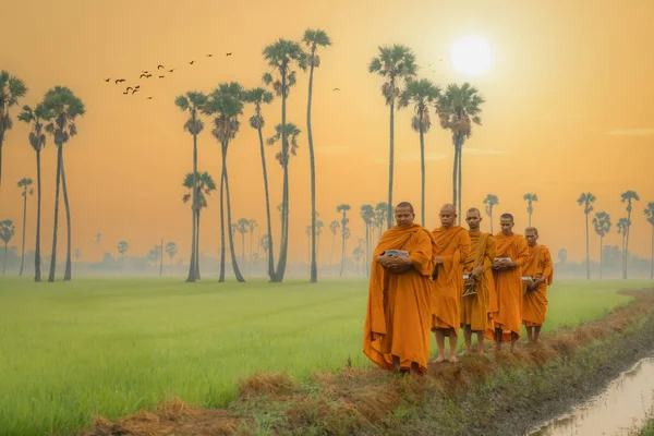 Βουδιστής Μοναχός Καλή Πνευματική Πηγαίνει Περίπου Ελεημοσύνη Μπολ Για Λάβετε — Φωτογραφία Αρχείου