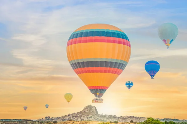 Panoramic Landscape Scenery Hot Air Balloons Goreme Town Cappadocia Region — Stock Photo, Image