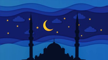 Mavi gökyüzündeki ay ve yıldız sembolünün arka planına sahip siluet İslami camiinin çizimi