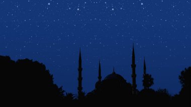 Siluet camiinin arka planında bulanık yıldızlı gece arkaplanı olan İslami arka plan