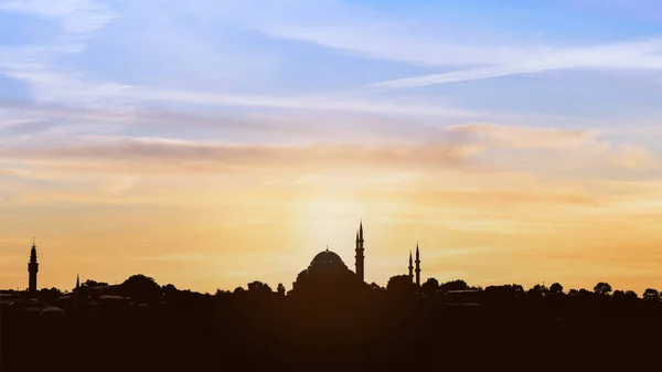 Панорамный Пейзаж Силуэта Истанбула Мечетью Сулеймание Вечером Заката — стоковое фото