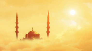 Gökyüzü üzerindeki siluet İslam camiinin arka planında bulutlar ve gündoğumu gökyüzü arkaplanı
