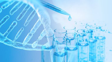 Test tüpünün bilimsel ve laboratuvar arka planında biyo teknoloji laboratuarı kavramında DNA iplikçikleriyle örtüşen damlalar var.