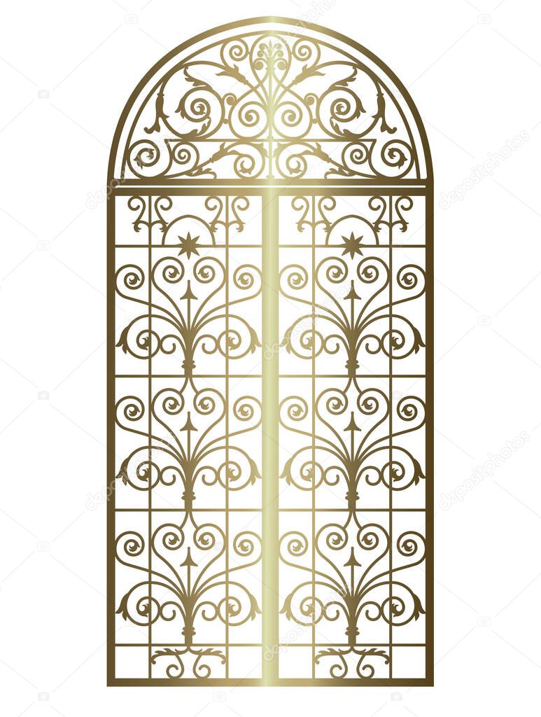 arched metal gates with wrought iron ornaments