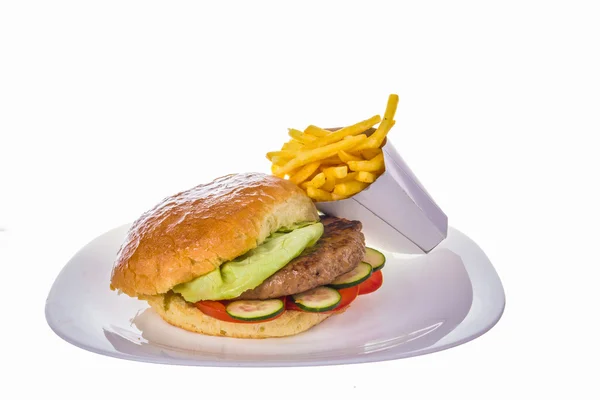 Hamburguesa con ensalada y papas fritas —  Fotos de Stock