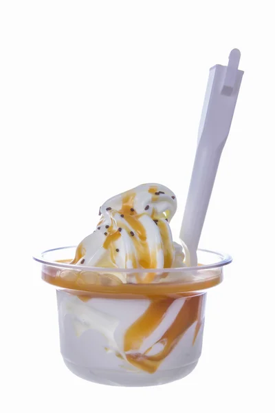 Vanilla ice cream with caramel topping — Stock Photo, Image