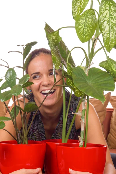 Γέλια γυναίκα μεταξύ των φυτών — Φωτογραφία Αρχείου