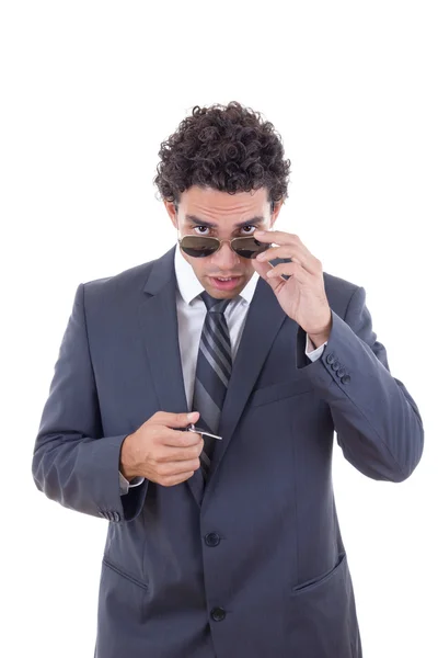 Man with glasses holding keys — Stock Photo, Image