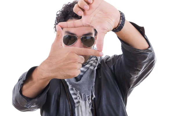 Adult man in a leather jacket with sunglasses — Stock Photo, Image