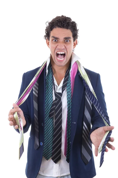 Hombre enojado con muchas corbatas alrededor de su cuello —  Fotos de Stock