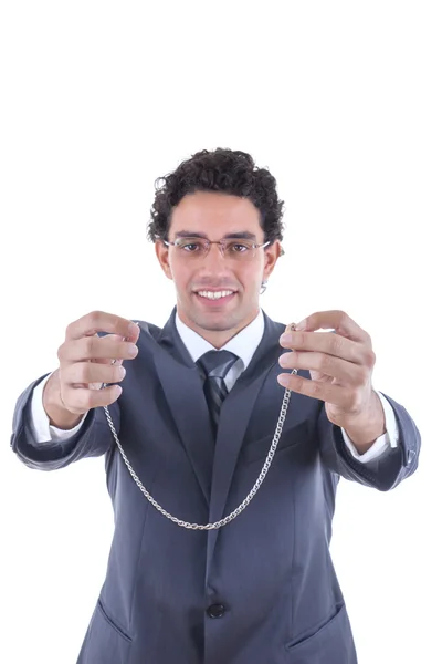 Affärsman erbjuder ett silver halsband — Stockfoto