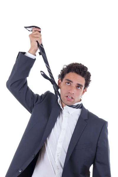 Exhausted businessman hanging himself on tie — Stock Photo, Image